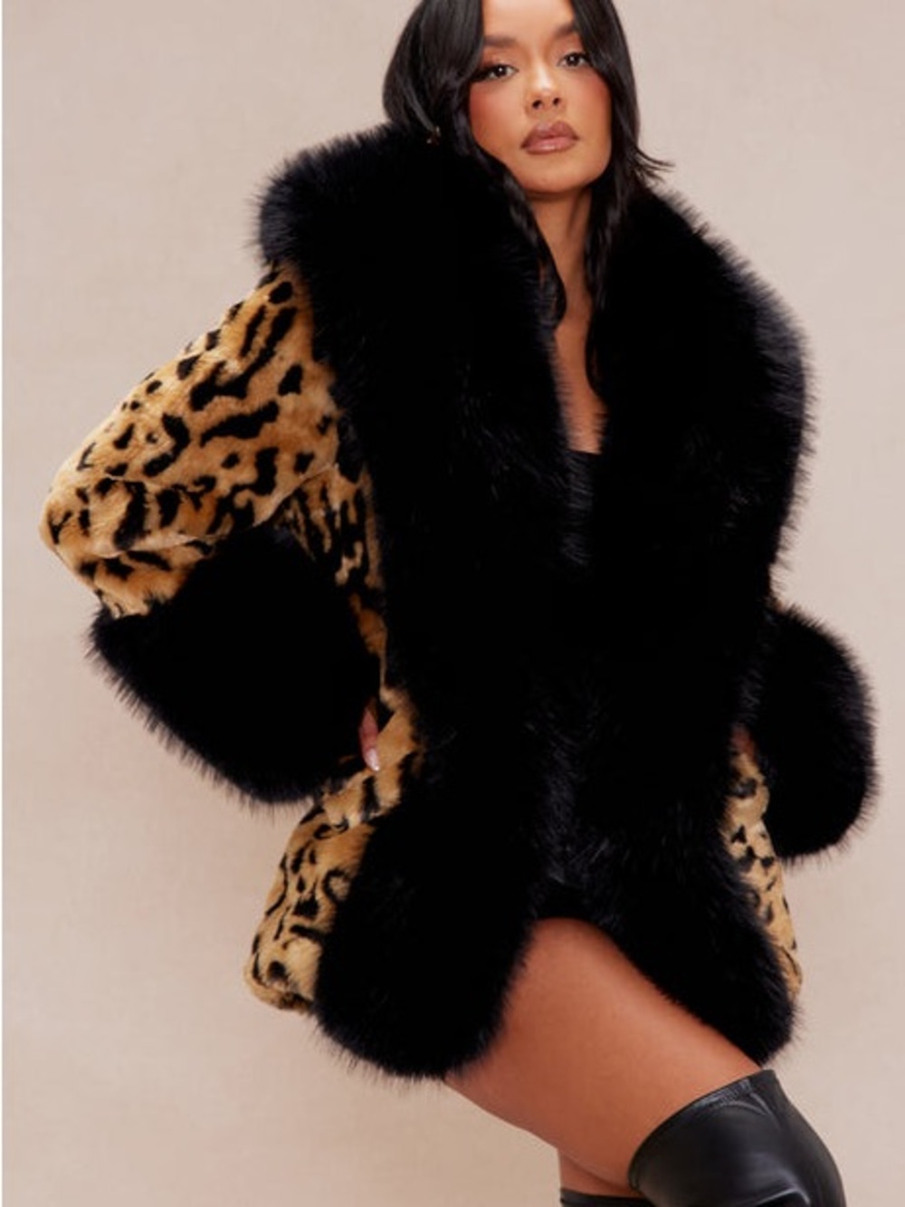 Fashion Nova Leopard Teddy Jacket with Black Faux Fur Trim